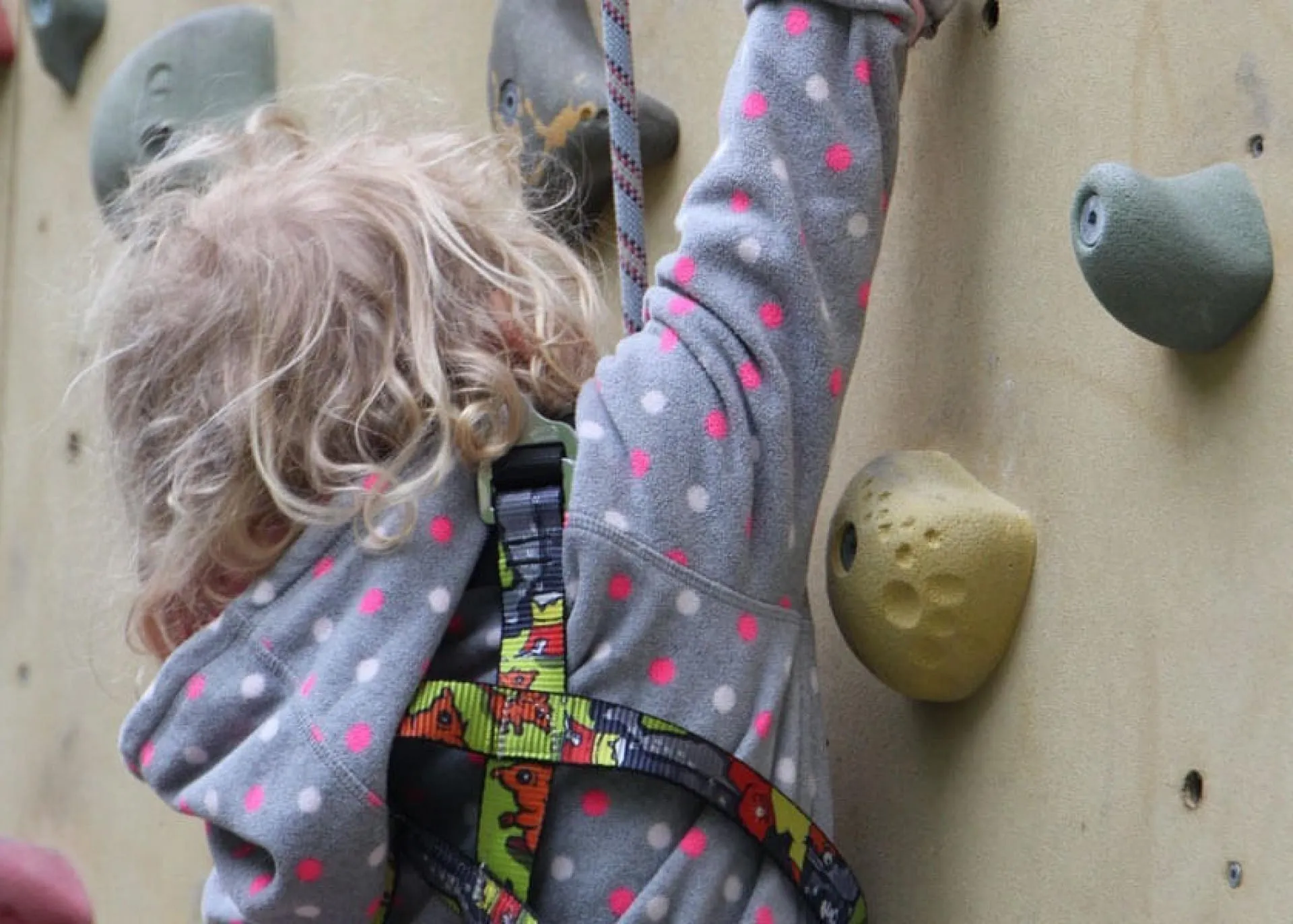Kind klettert mit Sicherheitsgurt an einer Kletterwand
